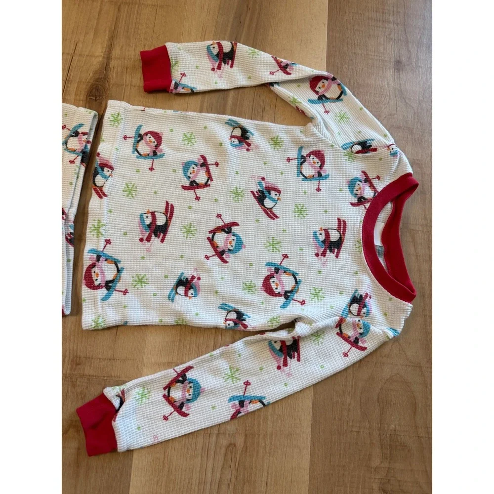 Wonder Kids 3T Pajama Set Waffle Knit Thermal Skiing Penguin White Red Winter